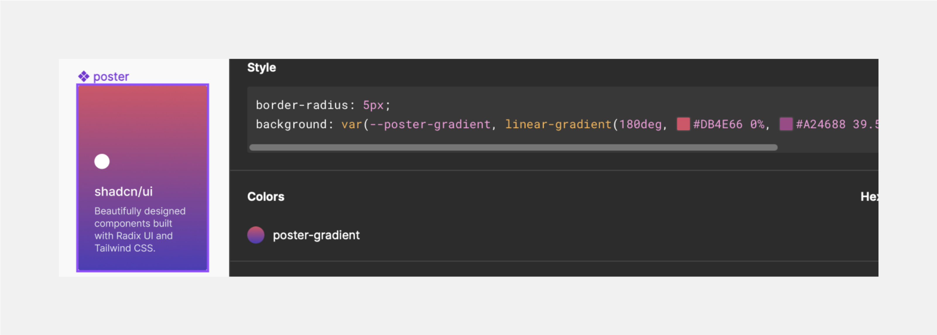 A screenshot from the Figma program. We see a tab with a linear gradient. The gradient transitions from the color #DB4E66 to #A24688 to #4E3ABA. The gradient is named 'poster-gradient'.