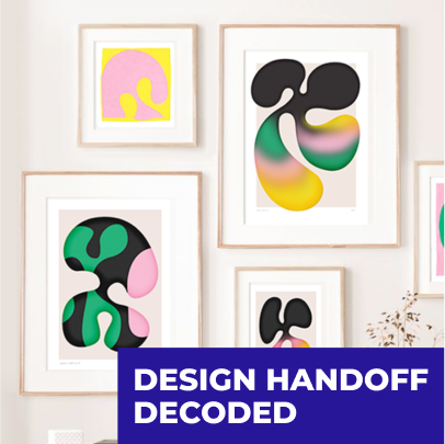 A wall of colorful posters of various shapes, sizes and styles. In the lower right corner, white writing on a blue background "Design handoff decoded"