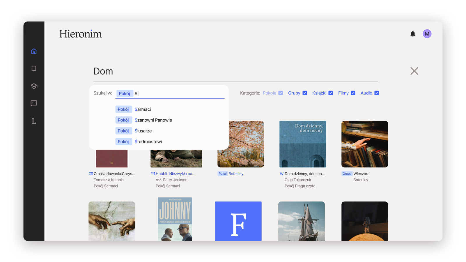 A visualization of the advanced search in Hieronim. Users can filter the type of content they want to search for, or narrow the results to groups and subgroups. The search suggests the best results and displays such results arrang end in columns and rows below
