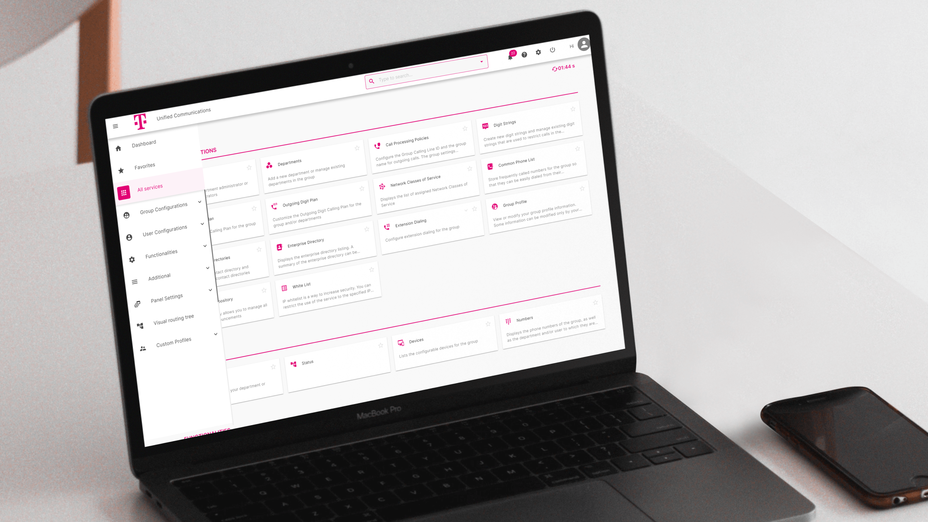 The T-Mobile system's homepage view with tiles and side menu leading to various functions, layout is clean and simple, white and grey colors with brand's pink accent hue